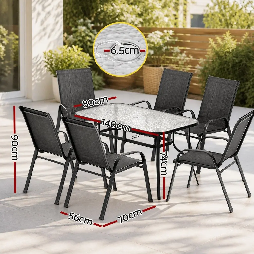 7 Piece Outdoor Dining Set Steel Tempered Glass 140cm Black Table and Chairs