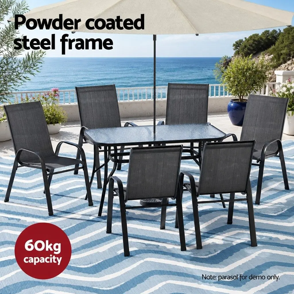 7 Piece Outdoor Dining Set Steel Tempered Glass 140cm Black Table and Chairs