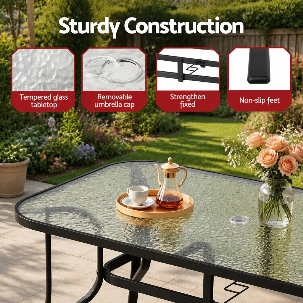 7 Piece Outdoor Dining Set Steel Tempered Glass 140cm Black Table and Chairs