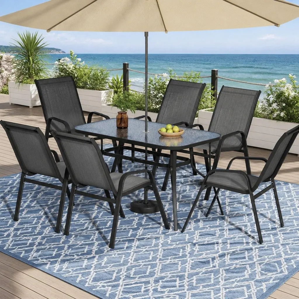 7 Piece Patio Dining Set Glass Top Table Stackable Chairs Steel Frame Mesh Outdoor Furniture
