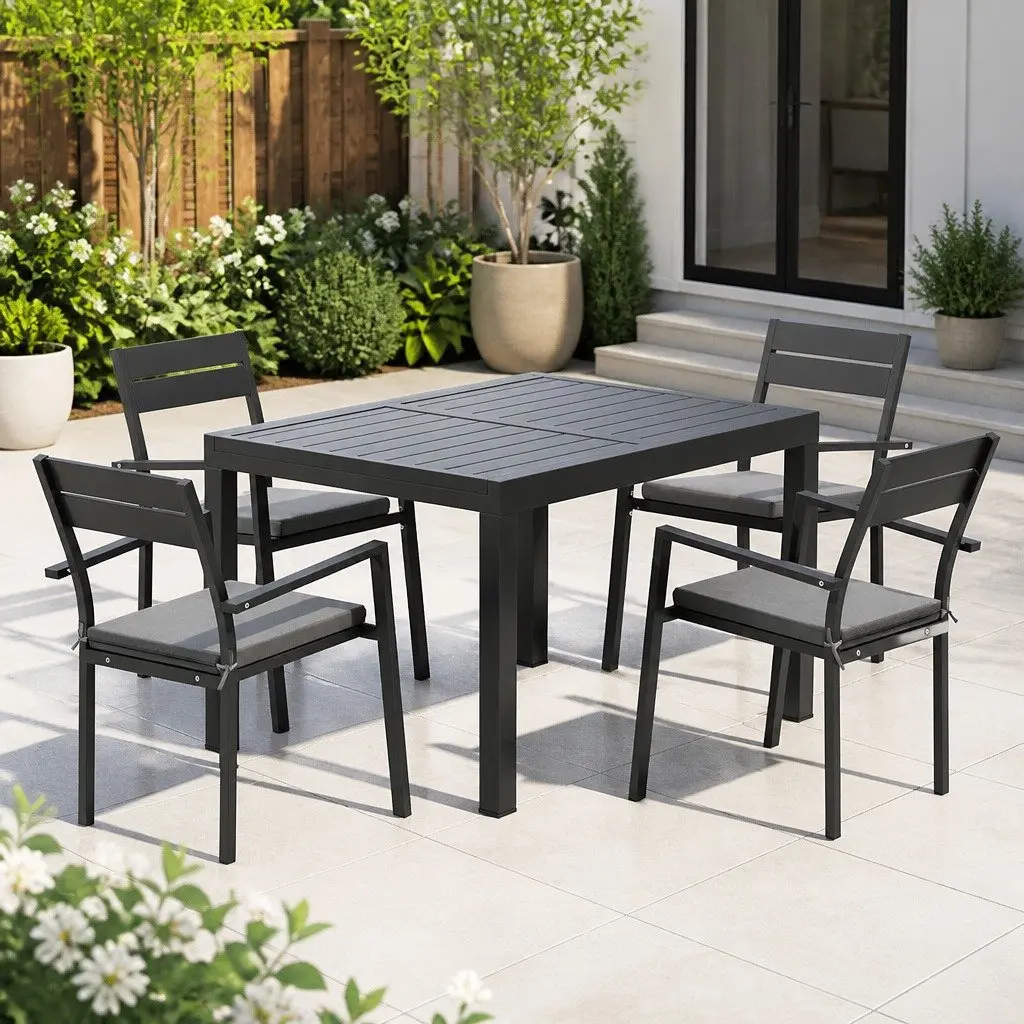 Outdoor Dining Set 5 Piece Extendable Table Aluminium Frame 4-6 Seat Patio Black
