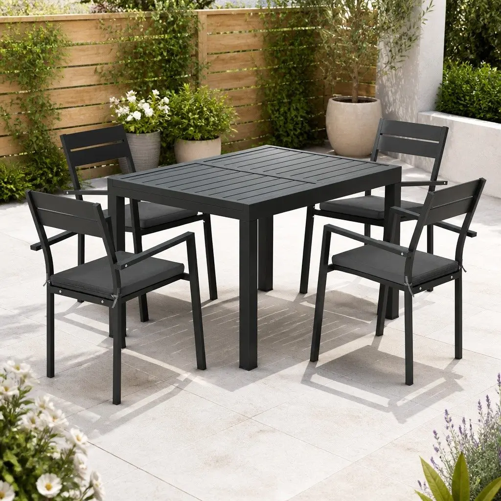 Outdoor Dining Set Aluminium Frame Extendable Table 120cm to 180cm Black 5 Piece