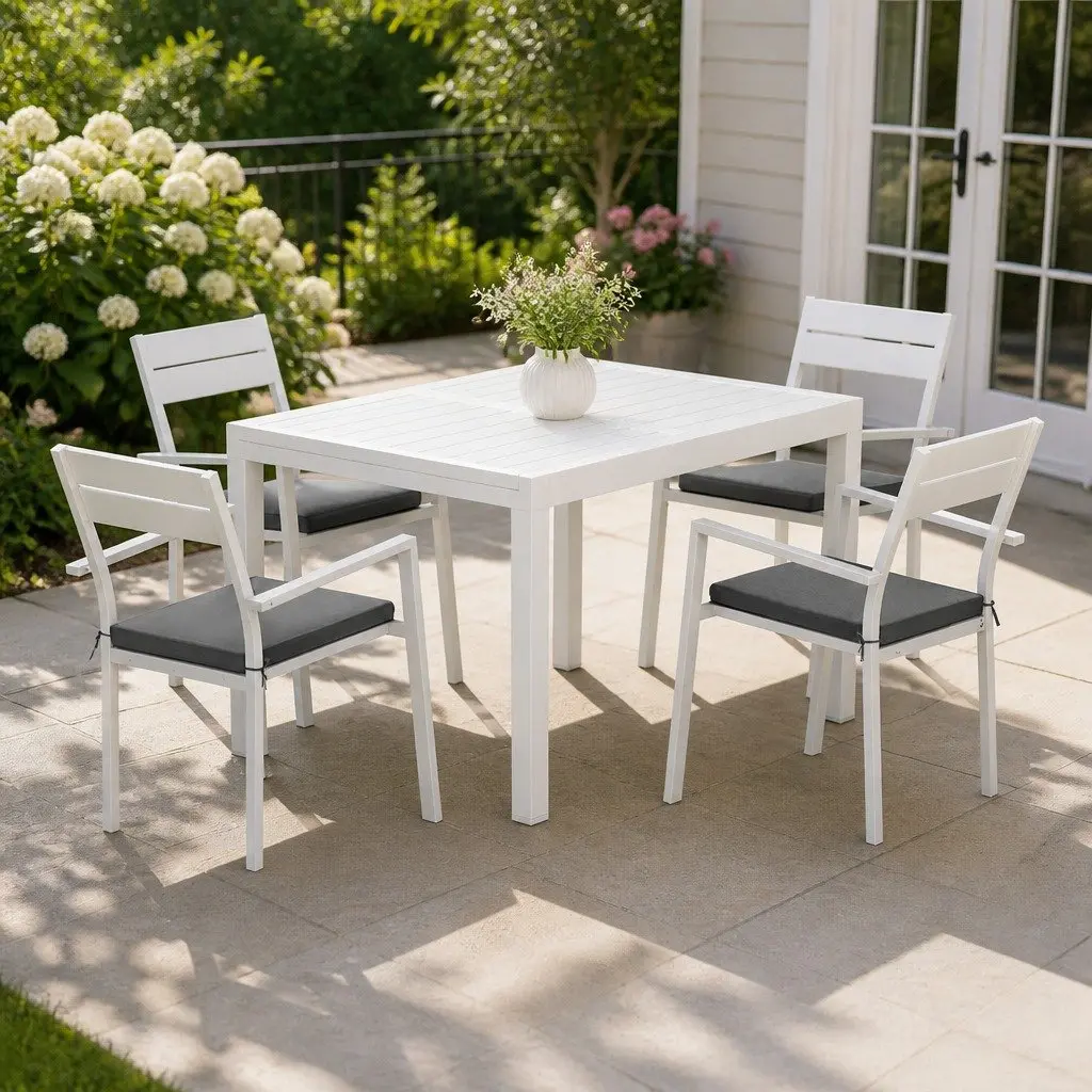 Outdoor Dining Set 5 Piece Extendable Table Chairs Aluminum White Grey Cushions