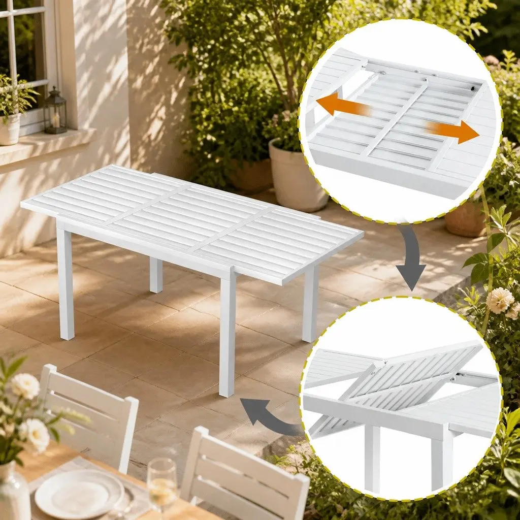 Outdoor Dining Set Aluminium Extendable Table 120cm to 180cm White 4 Chairs with Grey Cushions