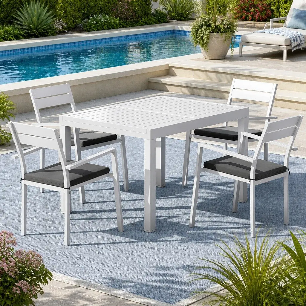 Outdoor Dining Set Aluminium Extendable Table 120cm to 180cm White 4 Chairs with Grey Cushions