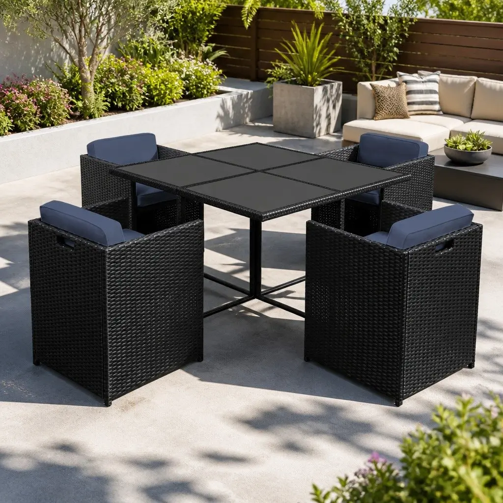 Outdoor Dining Set Wicker 5 Piece Black Grey Patio Furniture