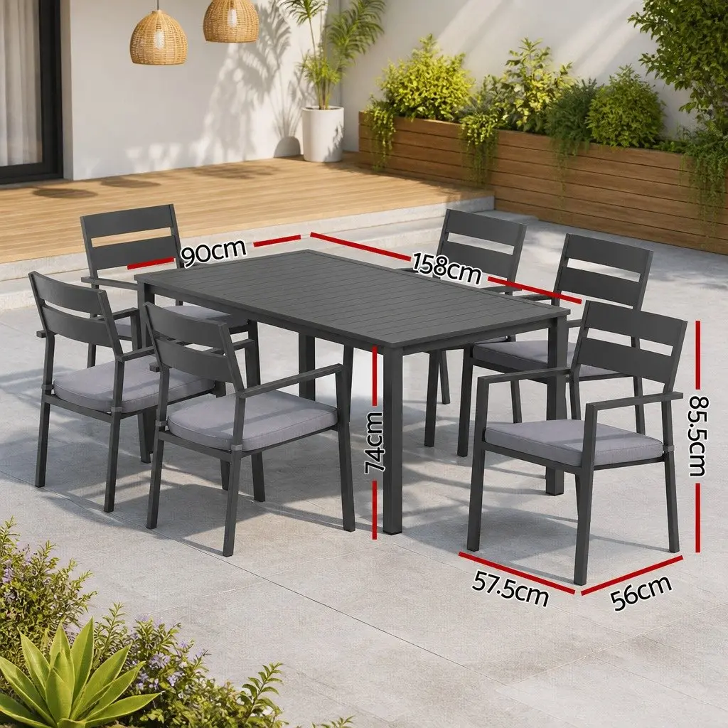 Outdoor Dining Set 7 Piece Black Aluminium Frame with Grey Water-Resistant Cushions for Garden Patio Furniture