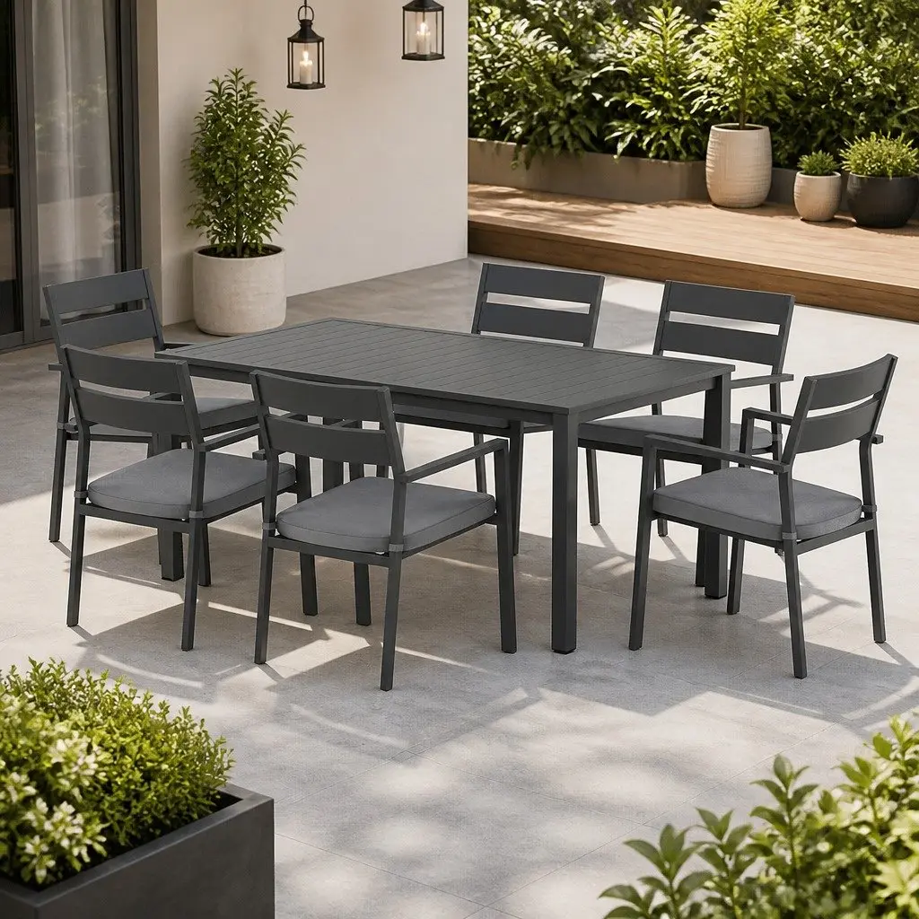 Outdoor Dining Set 7 Piece Black Aluminium Frame with Grey Water-Resistant Cushions for Garden Patio Furniture