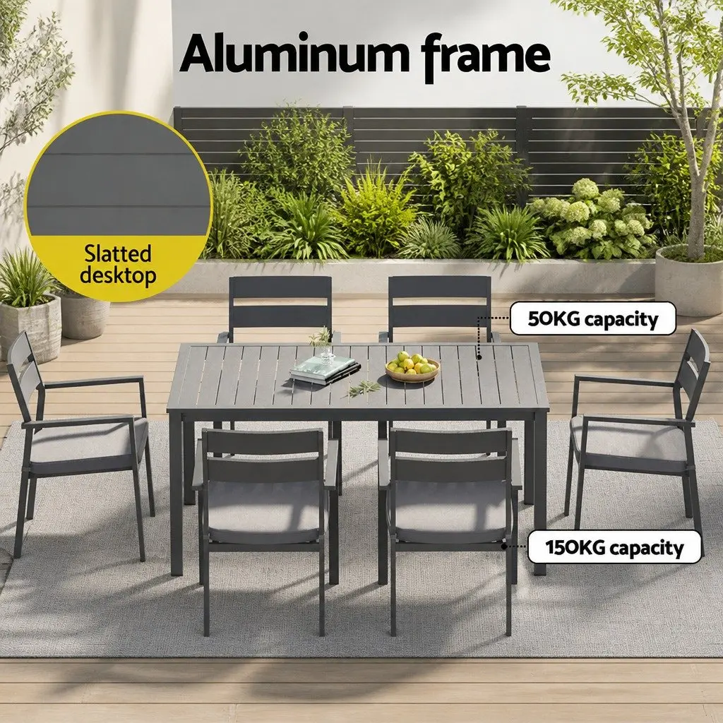 Outdoor Dining Set 7 Piece Black Aluminium Frame with Grey Water-Resistant Cushions for Garden Patio Furniture