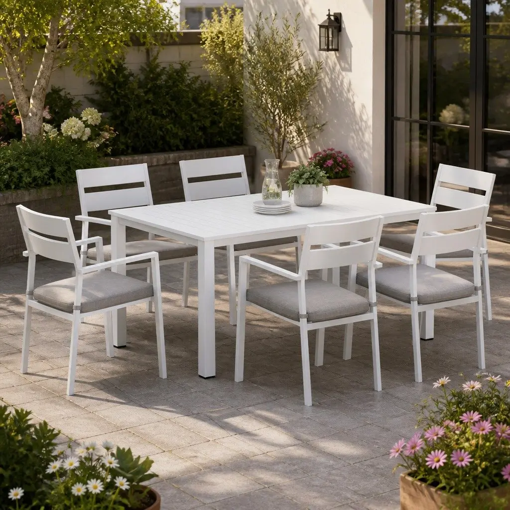 Outdoor Dining Set Powder Coated Aluminum Frame 7 Piece Table Chairs White Grey