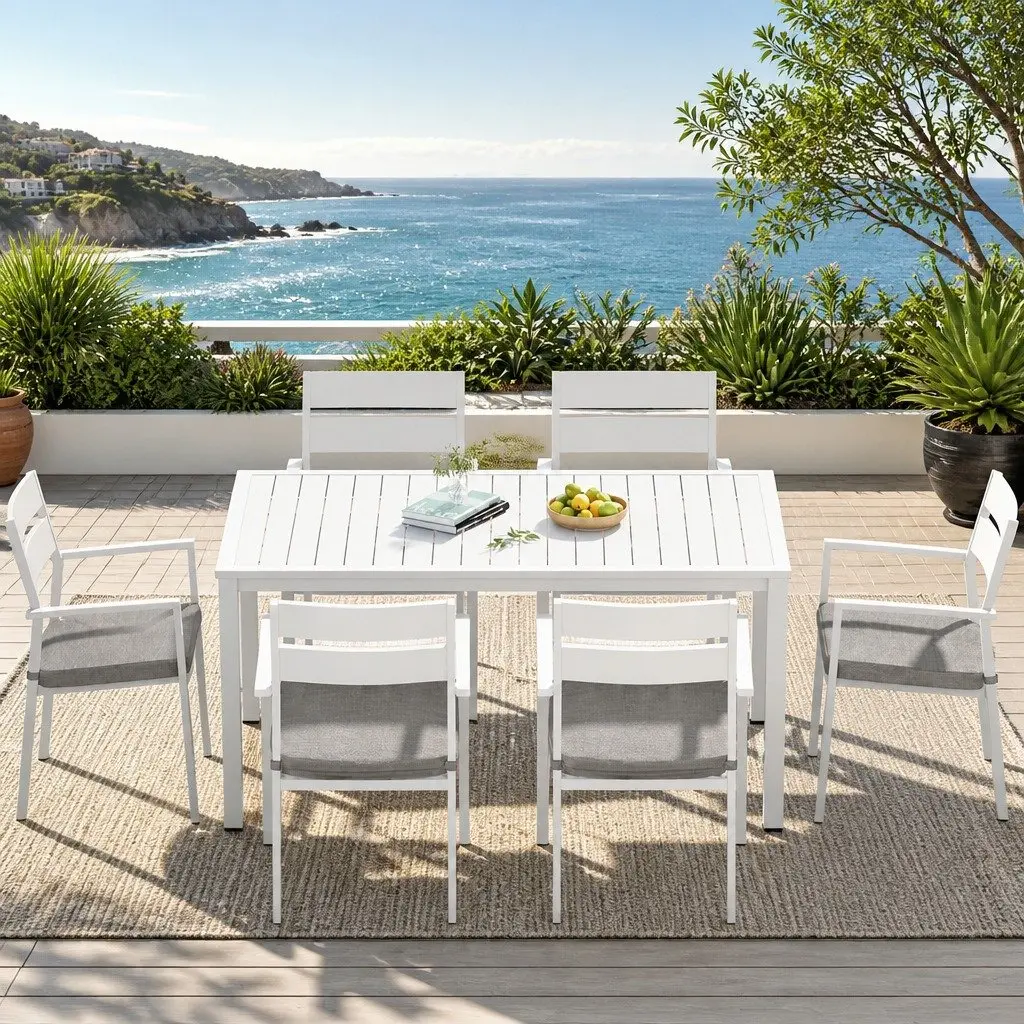 Outdoor Dining Set Powder Coated Aluminum Frame 7 Piece Table Chairs White Grey