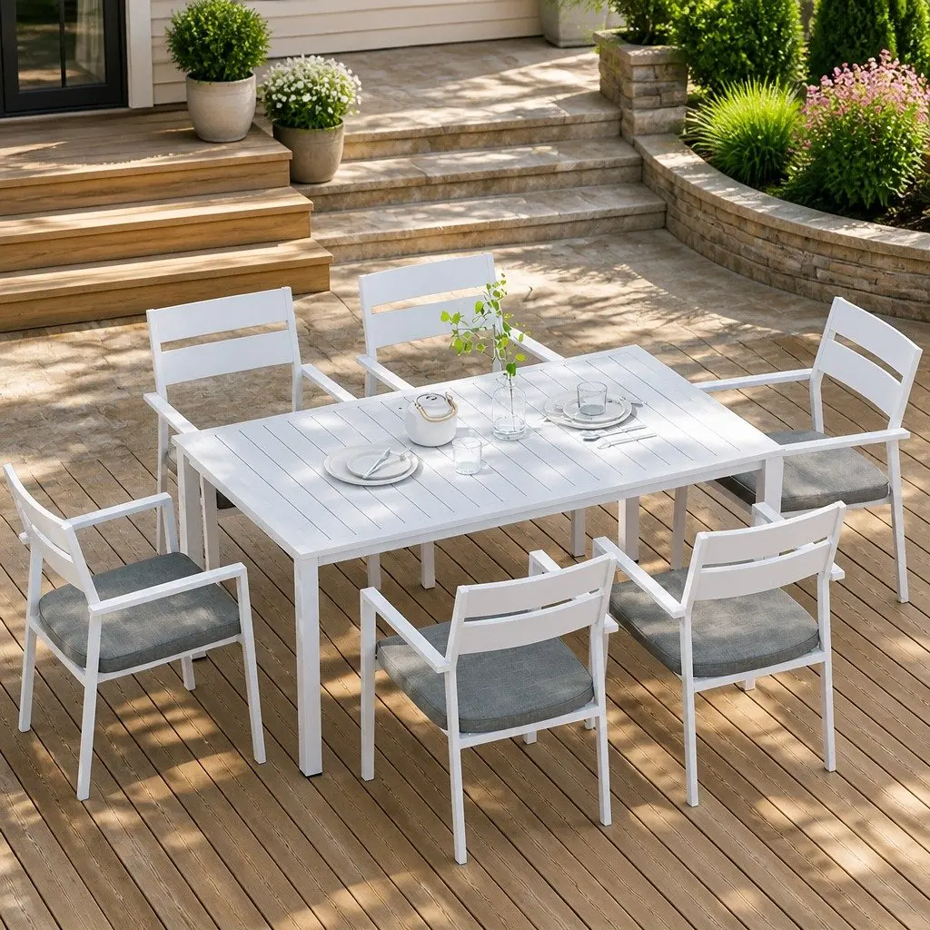 Outdoor Dining Set Powder Coated Aluminum Frame 7 Piece Table Chairs White Grey