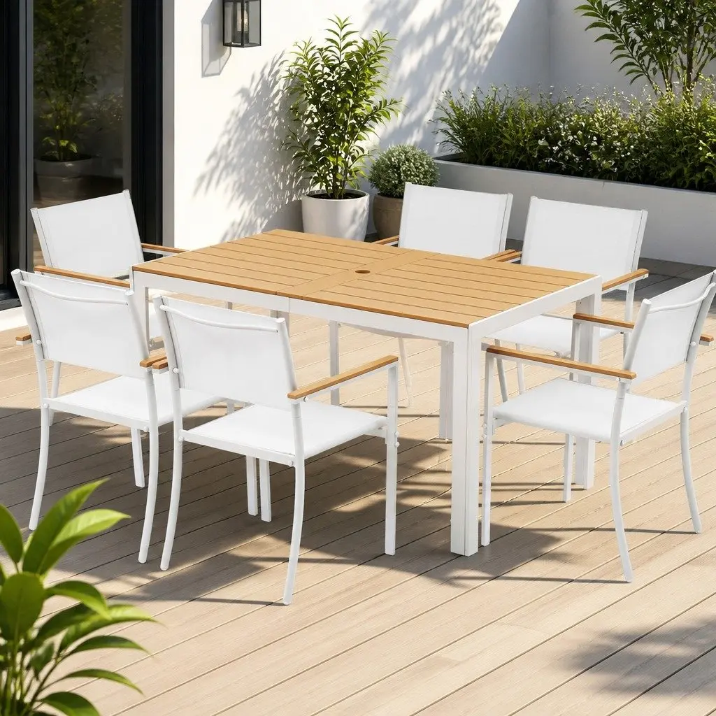 7PCS Outdoor Dining Set Table and 6 Chairs Patio Garden Bistro Furniture White