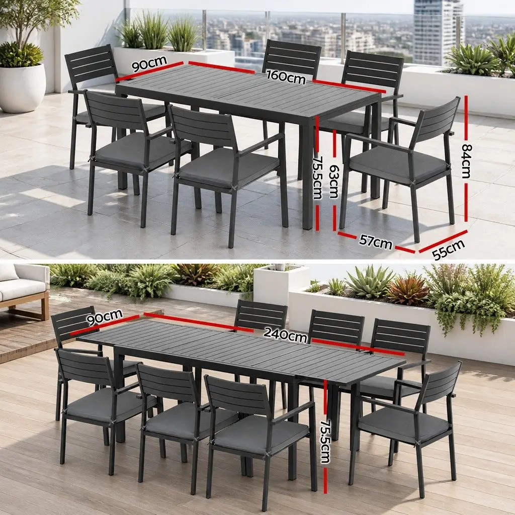 9 Piece Outdoor Dining Set Extendable Aluminium Table and Chairs Grey and Black