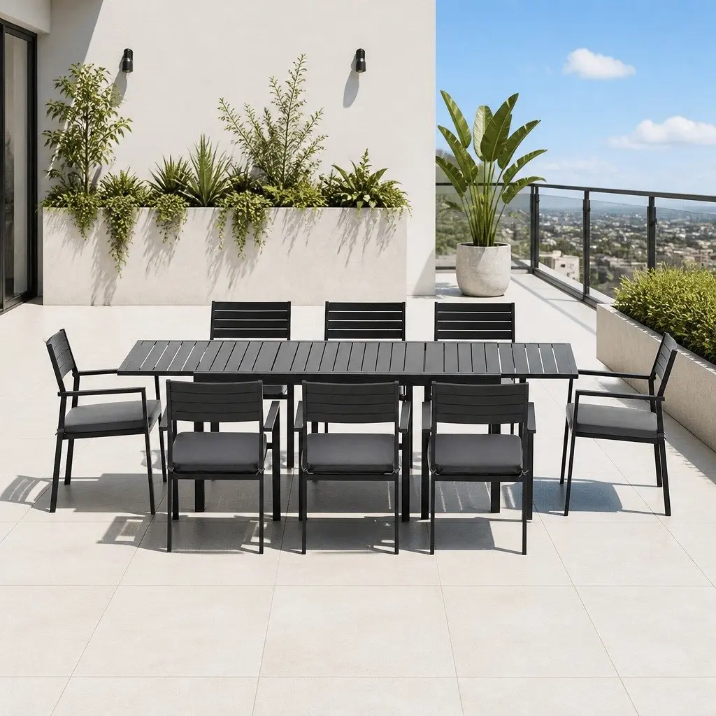 9 Piece Outdoor Dining Set Extendable Aluminium Table and Chairs Grey and Black