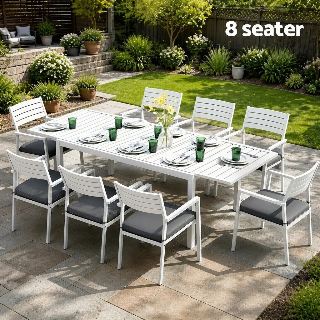 Outdoor Dining Set Aluminium Extendable Table 160cm240cm x 90cm x 75.5cm White 8 Chairs Grey Cushions