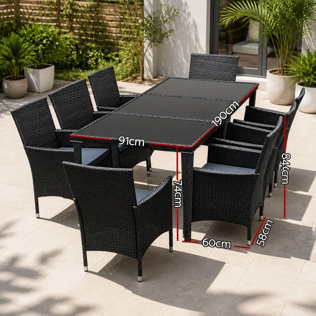9 Piece Outdoor Wicker Lounge Chairs and Dining Table Set Black Aluminium Frame Garden Furniture
