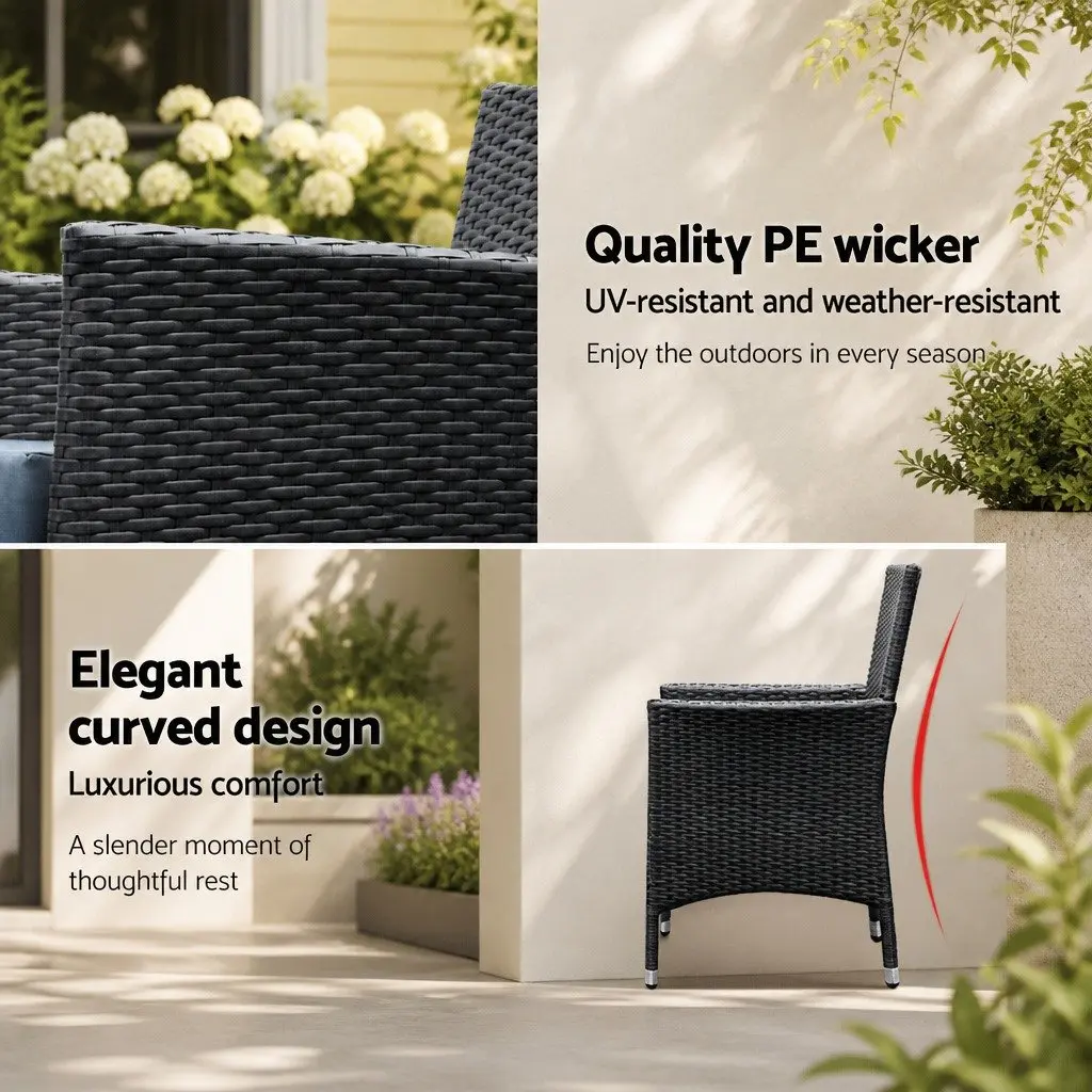 9 Piece Outdoor Wicker Lounge Chairs and Dining Table Set Black Aluminium Frame Garden Furniture