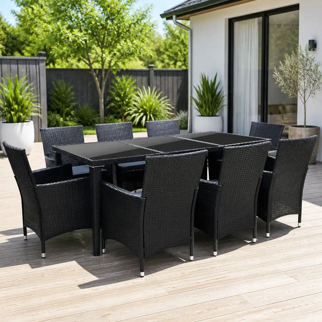 9 Piece Outdoor Wicker Lounge Chairs and Dining Table Set Black Aluminium Frame Garden Furniture