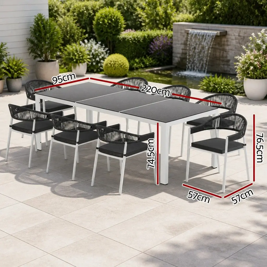 Outdoor Dining Set Steel 9 Piece Table and Chairs with Cushions Grey
