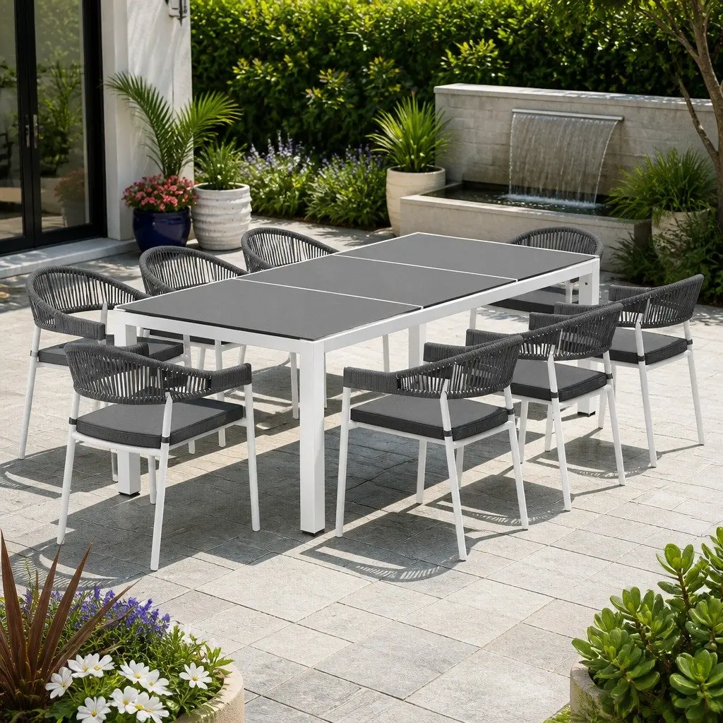Outdoor Dining Set Steel 9 Piece Table and Chairs with Cushions Grey