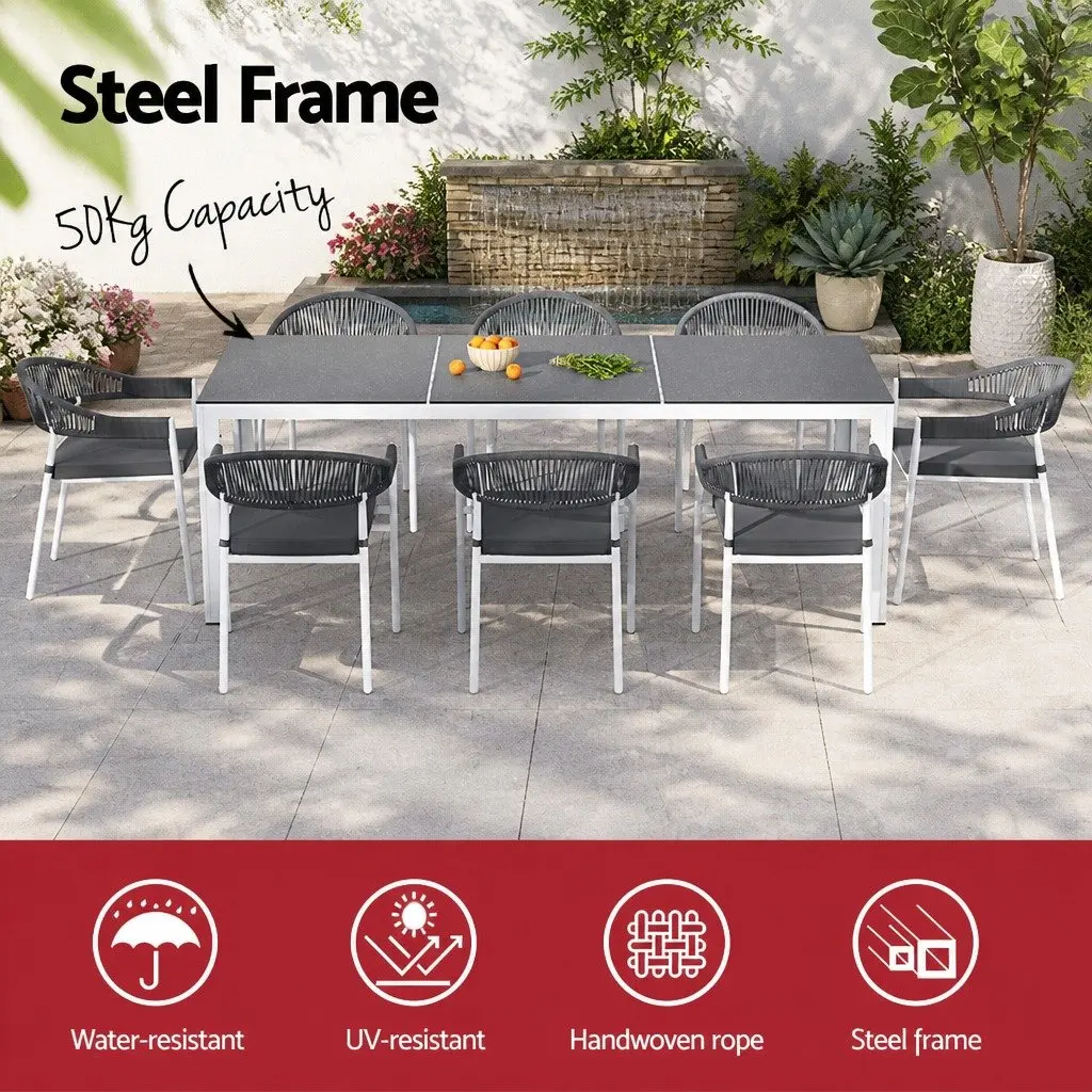 Outdoor Dining Set Steel 9 Piece Table and Chairs with Cushions Grey
