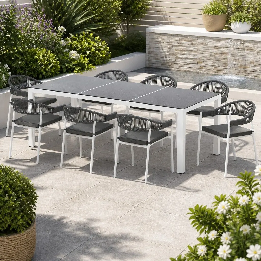 Outdoor Dining Set Steel 9 Piece Table and Chairs with Cushions Grey