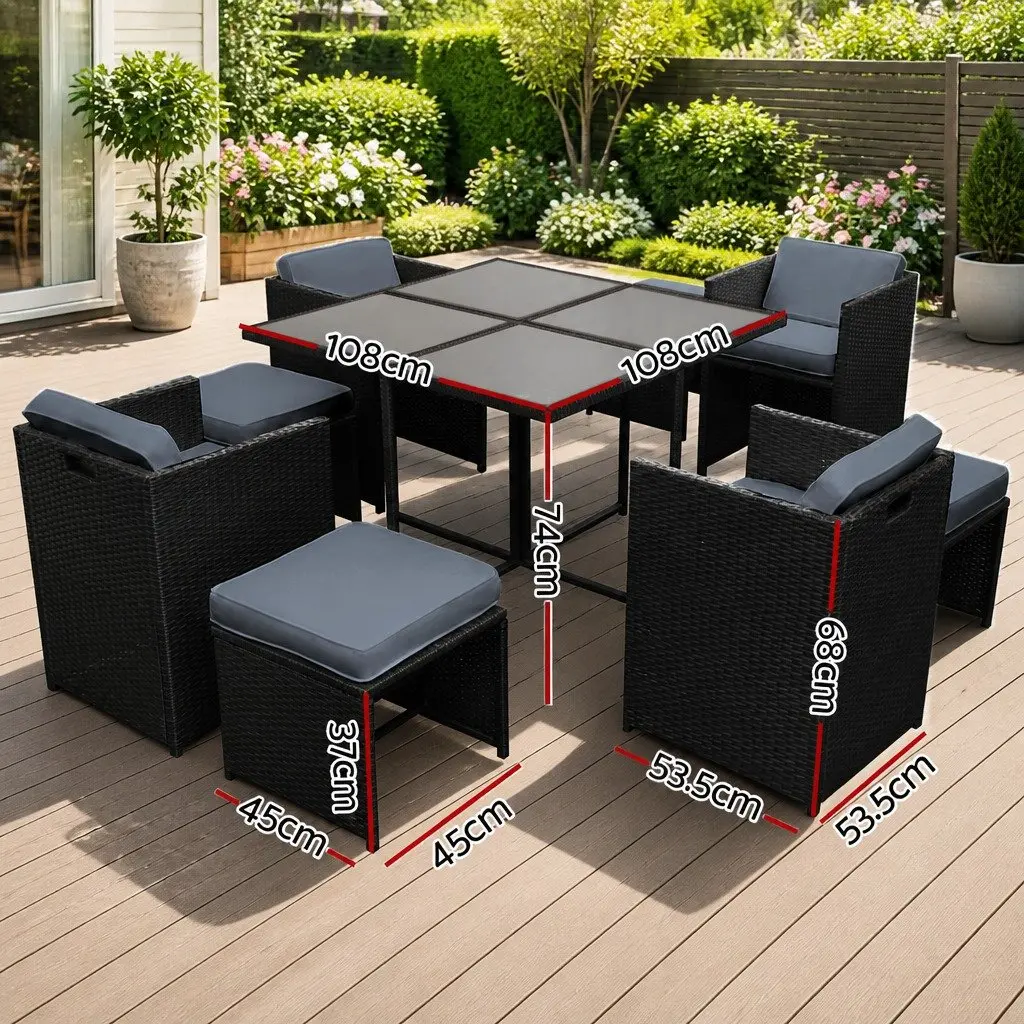 Outdoor Dining Set Wicker Steel 9 Piece Black for 8 Seaters Garden