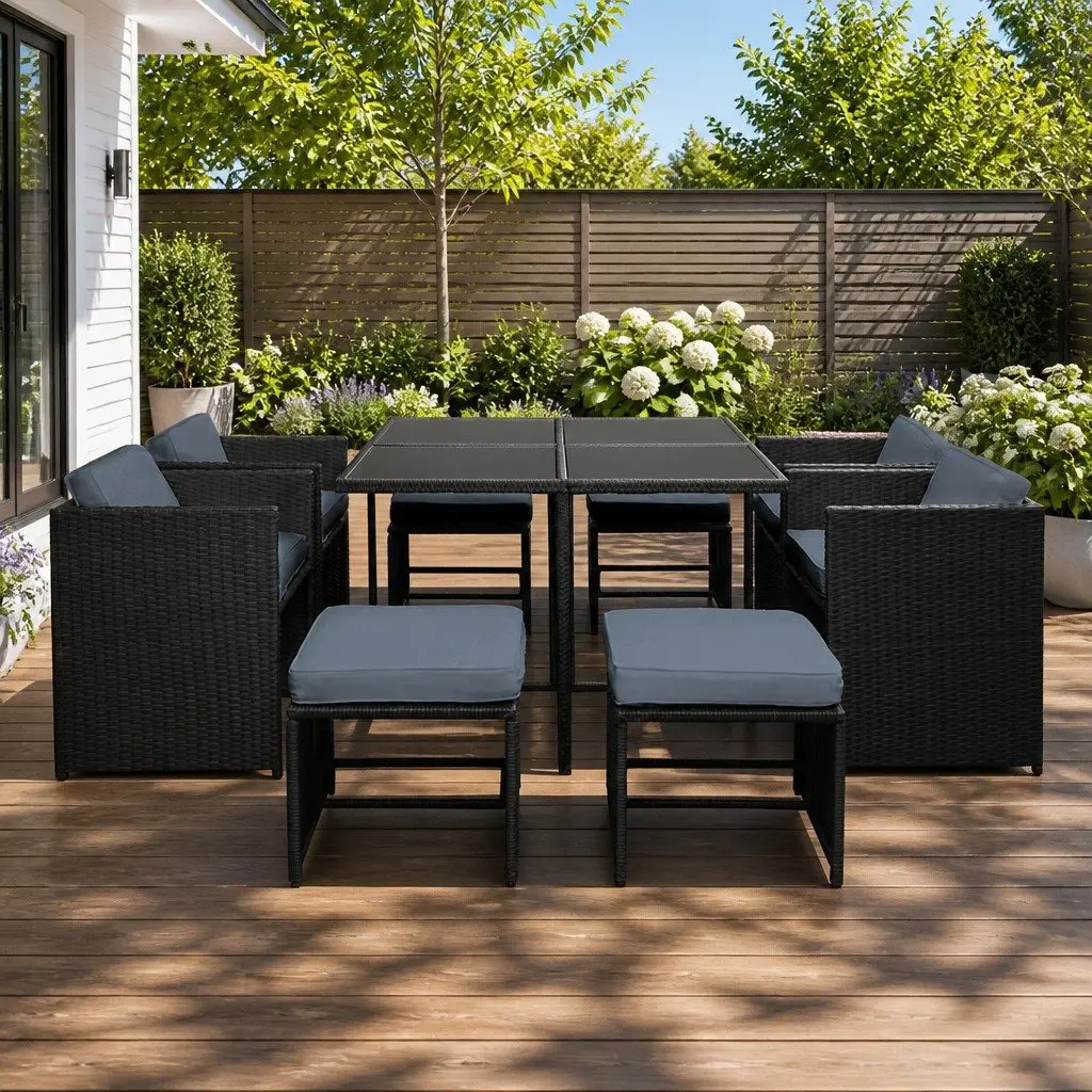 Outdoor Dining Set Wicker Steel 9 Piece Black for 8 Seaters Garden