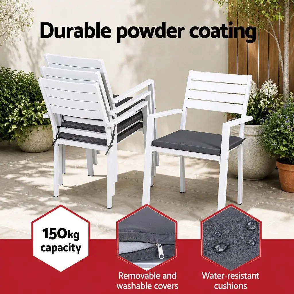 Outdoor Dining Set Round Table WPC Top Aluminium Frame 5 Piece White