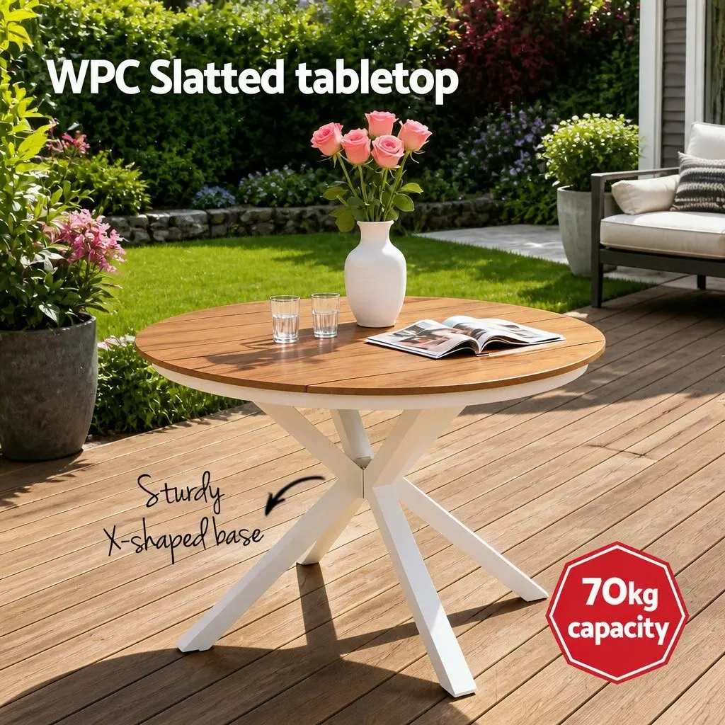 Outdoor Dining Set Round Table WPC Top Aluminium Frame 5 Piece White