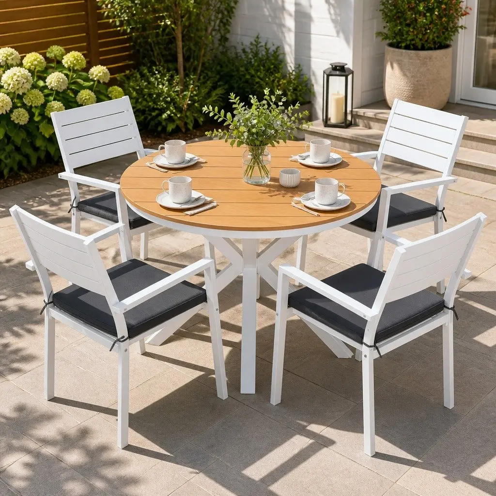 Outdoor Dining Set Round Table WPC Top Aluminium Frame 5 Piece White