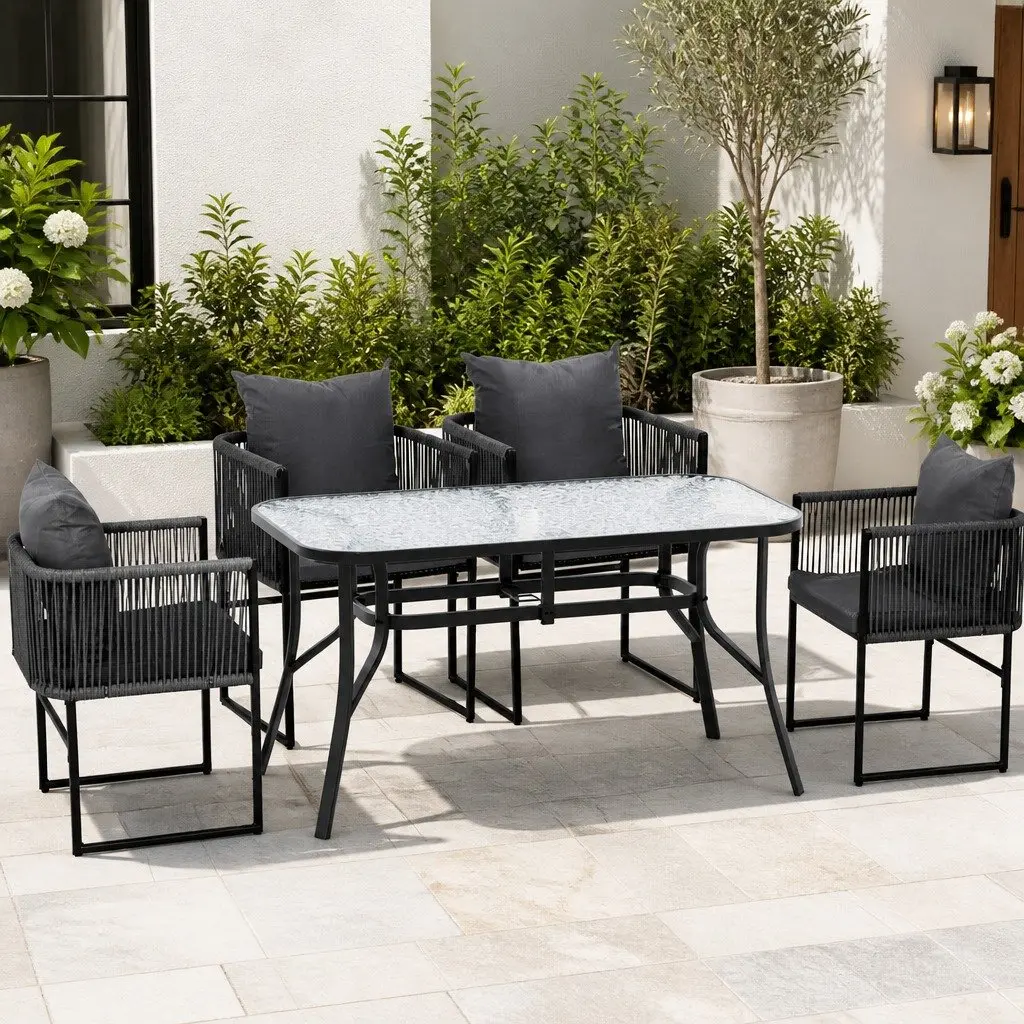5 Piece Outdoor Dining Set Black Steel Frame Tempered Glass Table Grey Cushions