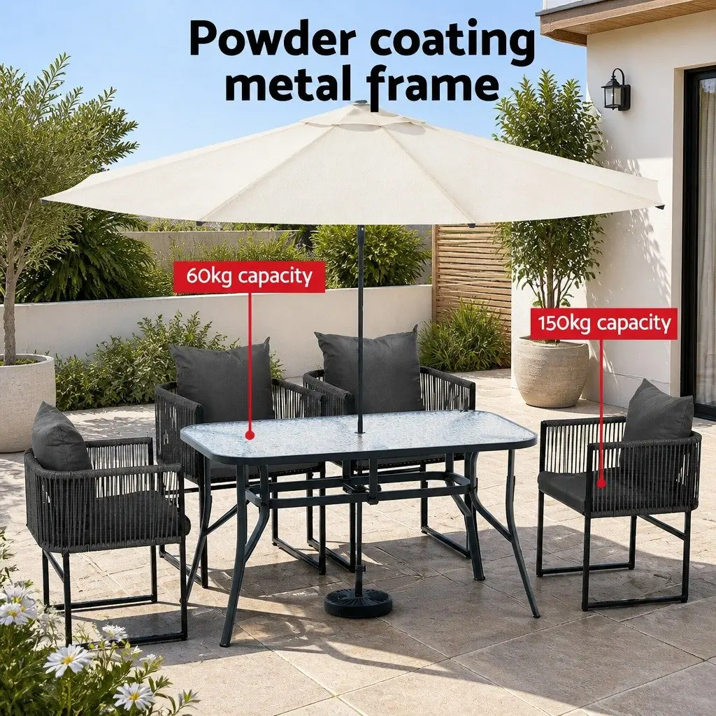 5 Piece Outdoor Dining Set Black Steel Frame Tempered Glass Table Grey Cushions