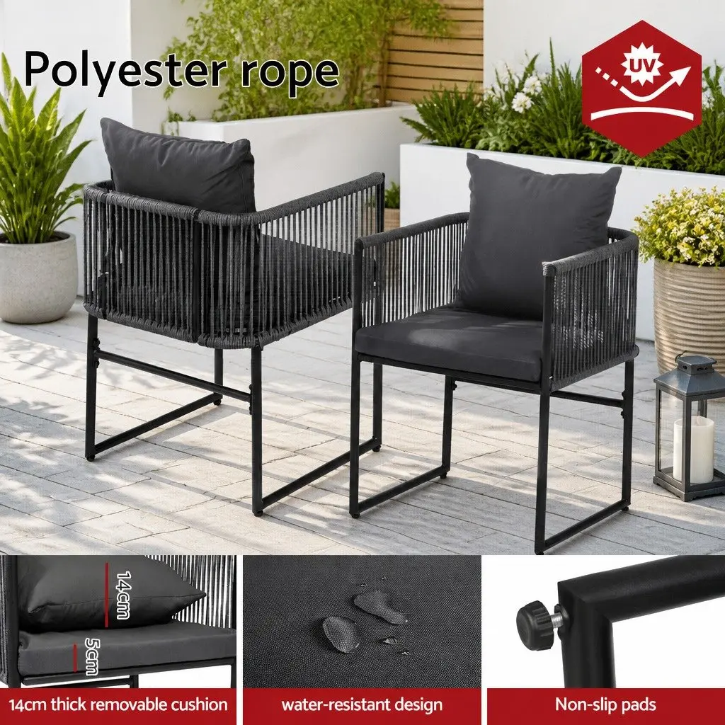 5 Piece Outdoor Dining Set Black Steel Frame Tempered Glass Table Grey Cushions