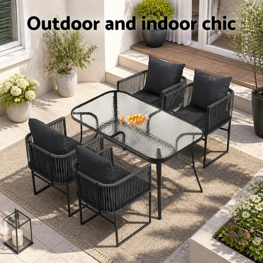 5 Piece Outdoor Dining Set Black Steel Frame Tempered Glass Table Grey Cushions