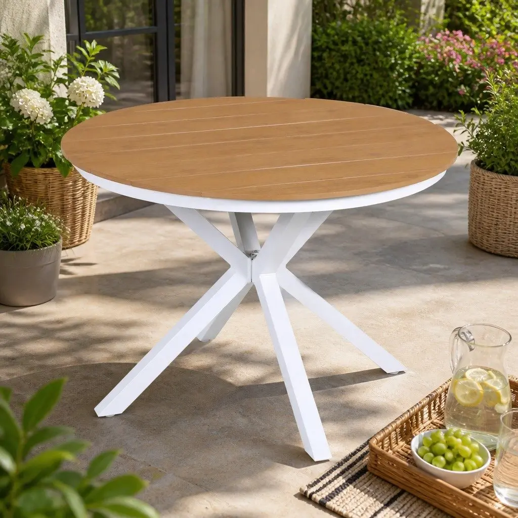 Round Dining Table WPC Top Aluminum Frame 108CM White Indoor Outdoor Furniture