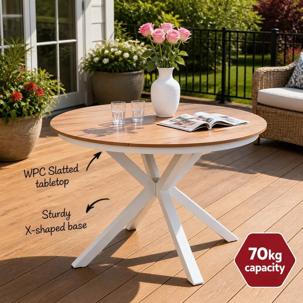 Round Dining Table WPC Top Aluminum Frame 108CM White Indoor Outdoor Furniture