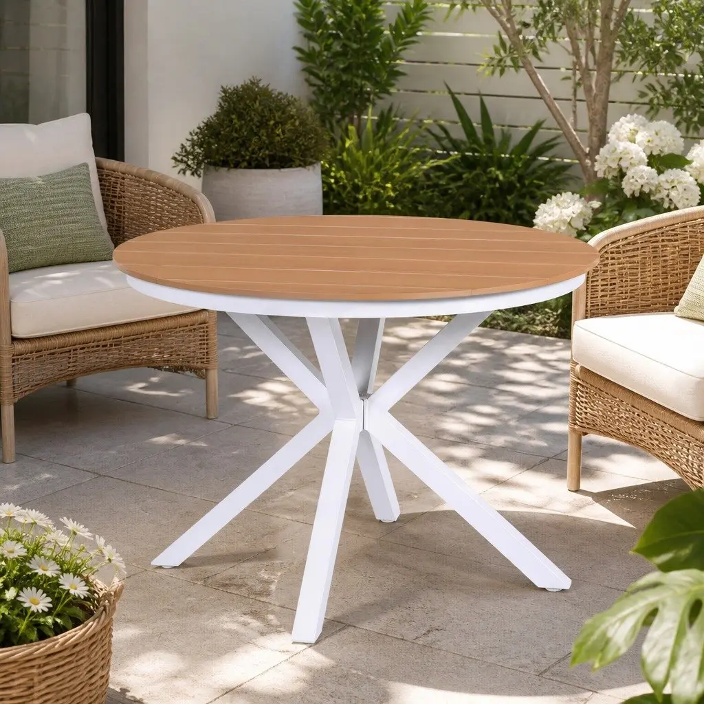 Round Dining Table WPC Top Aluminum Frame 108CM White Indoor Outdoor Furniture