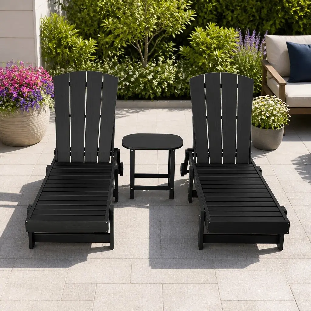 3 Piece Outdoor Chaise Lounger Set Adjustable HDPE Black with Side Table
