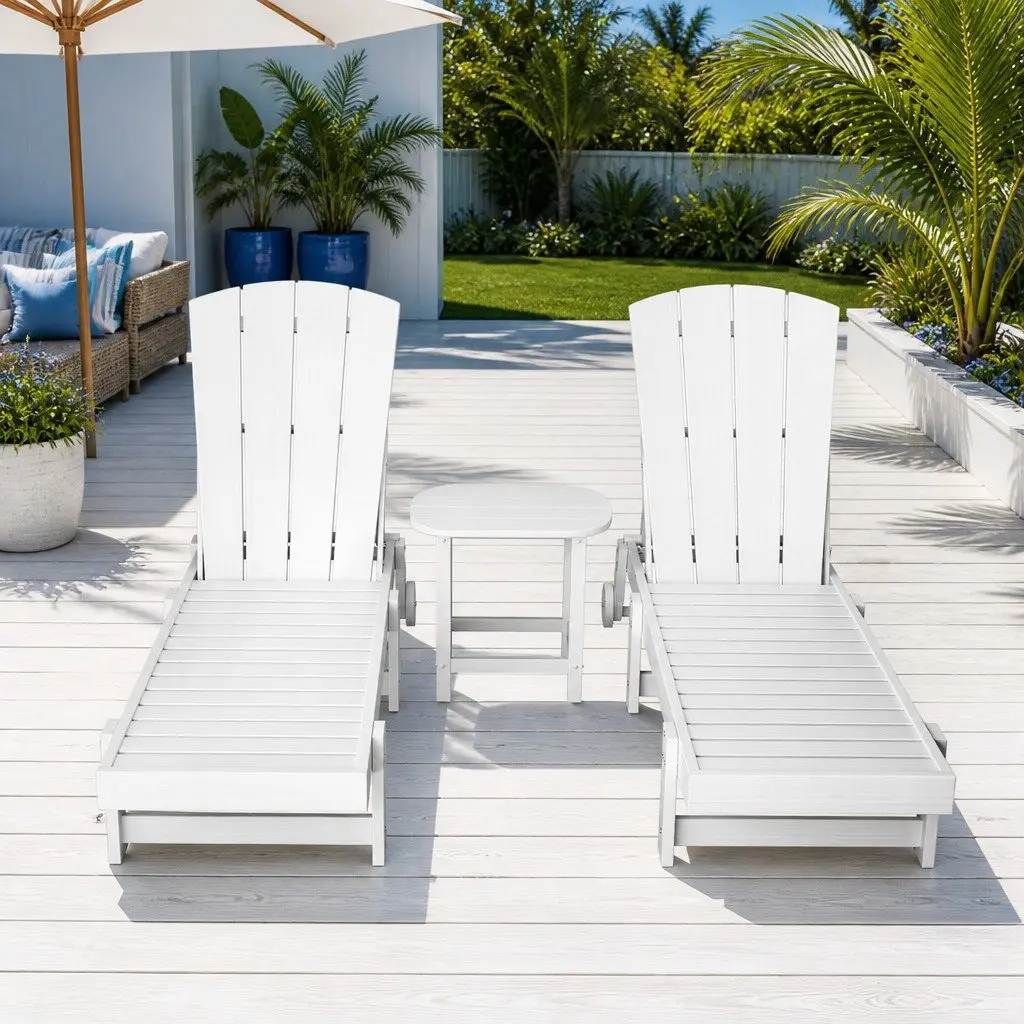 3-Piece Outdoor Furniture Set Adjustable Sun Lounge Chair White HDPE Stainless Steel