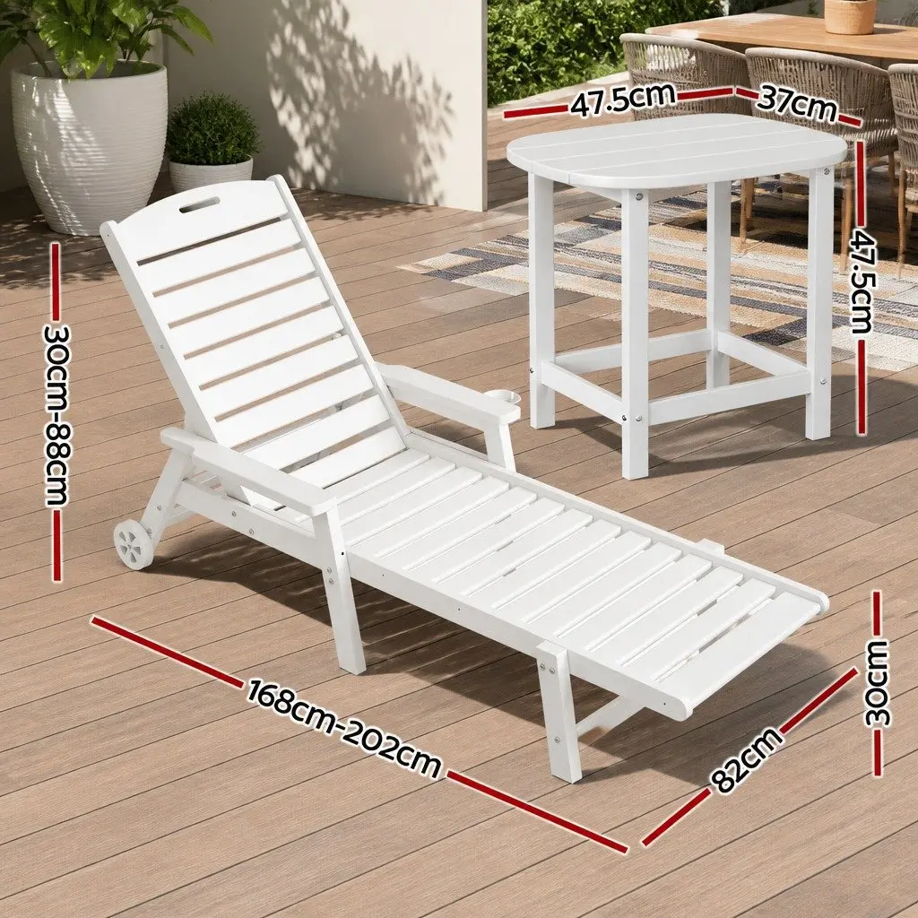 Outdoor Sun Lounge Chair Adjustable Reclining Lounger HDPE White 3 Piece Set