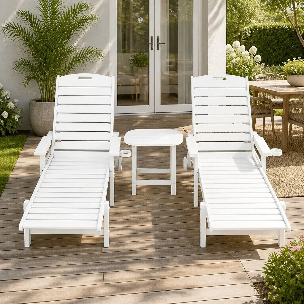 Outdoor Sun Lounge Chair Adjustable Reclining Lounger HDPE White 3 Piece Set
