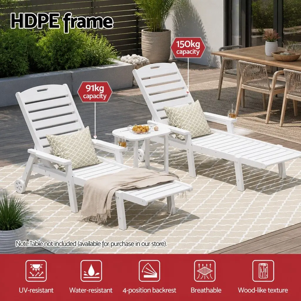 Outdoor Sun Lounge Chair Adjustable Reclining Lounger HDPE White 3 Piece Set