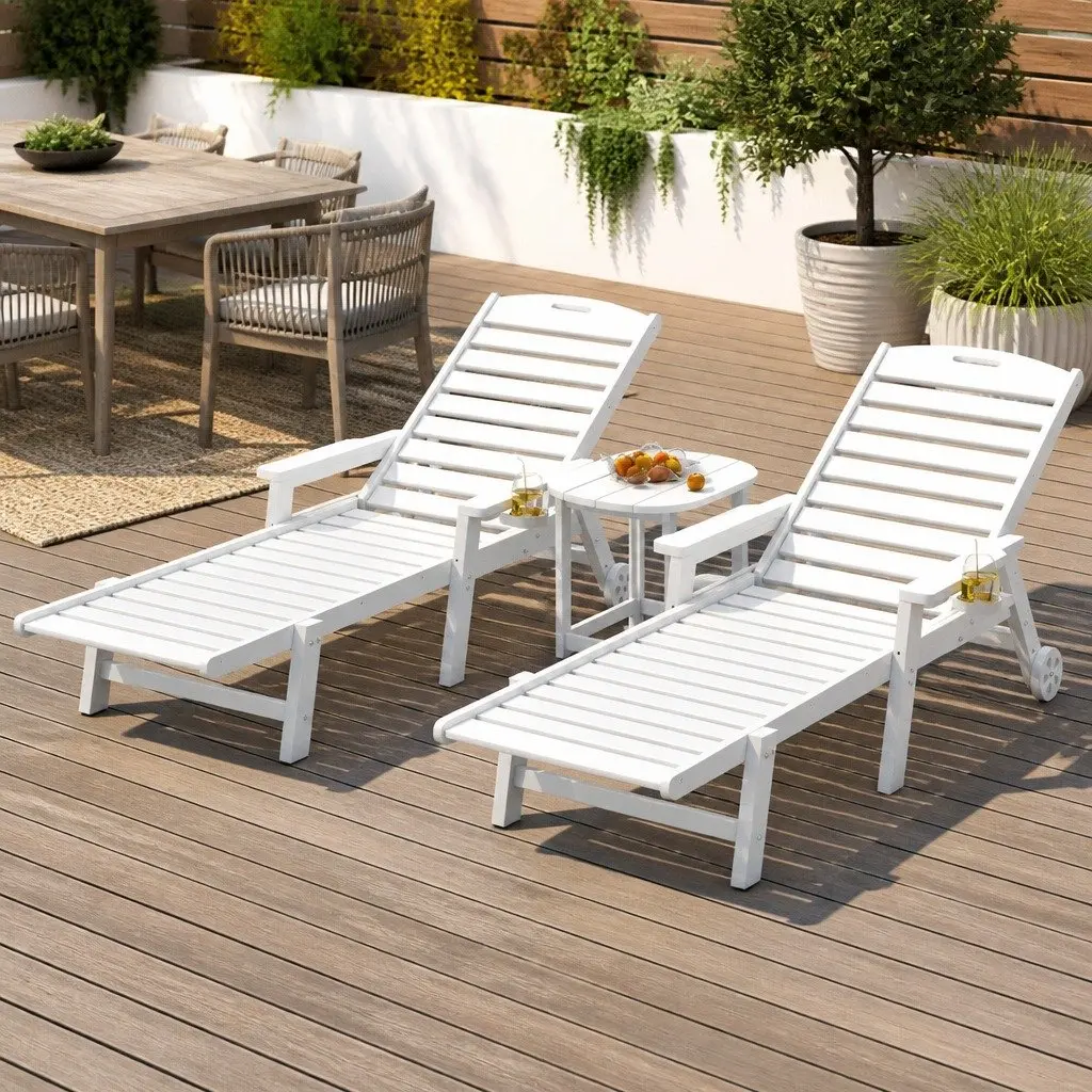 Outdoor Sun Lounge Chair Adjustable Reclining Lounger HDPE White 3 Piece Set