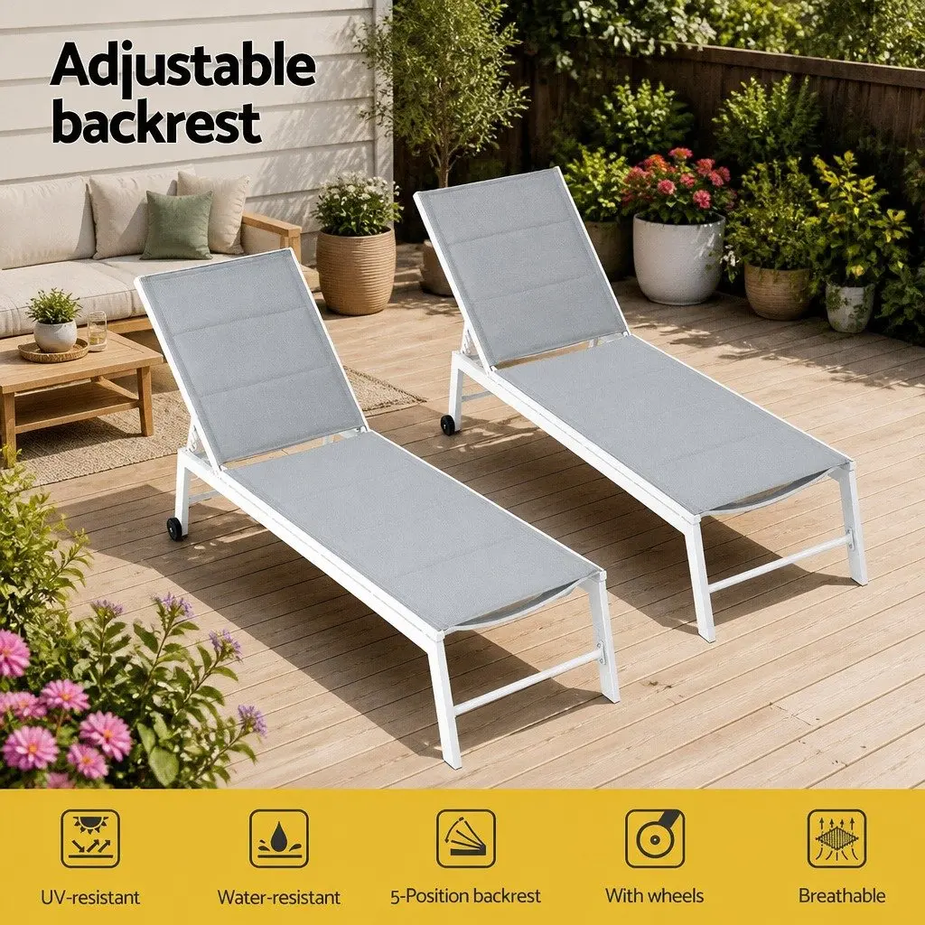 Sun Lounger Aluminium Frame Textilene Fabric Adjustable Backrest White