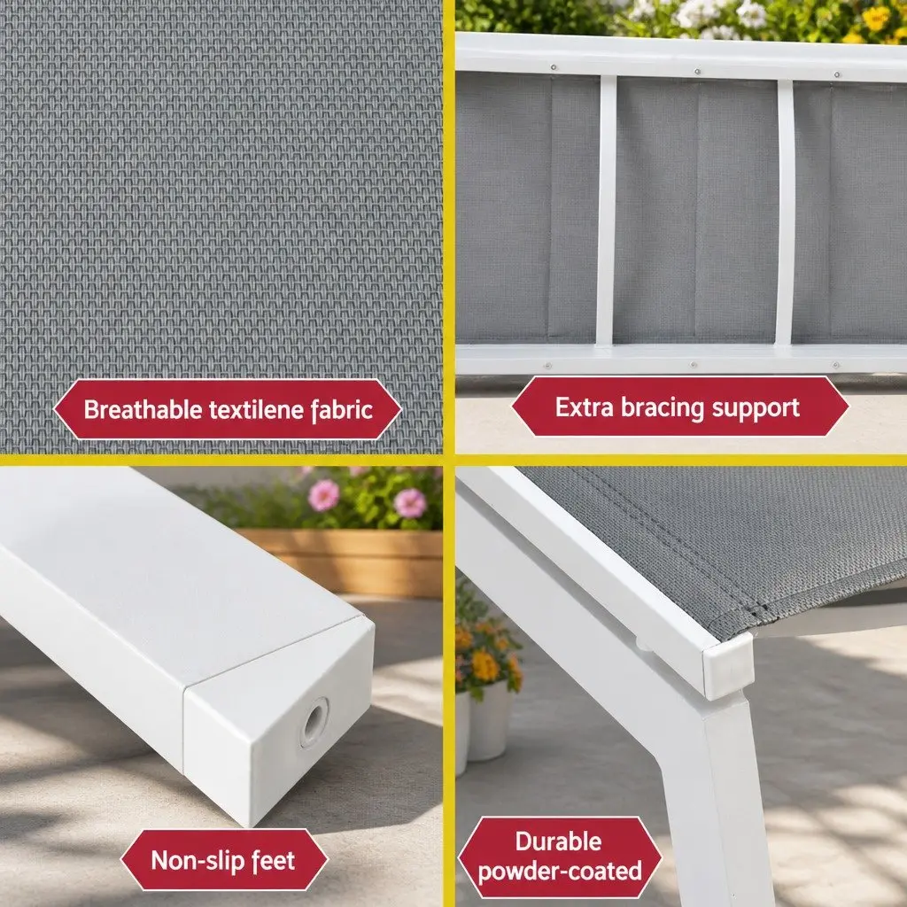 Sun Lounger Aluminium Frame Textilene Fabric Adjustable Backrest White