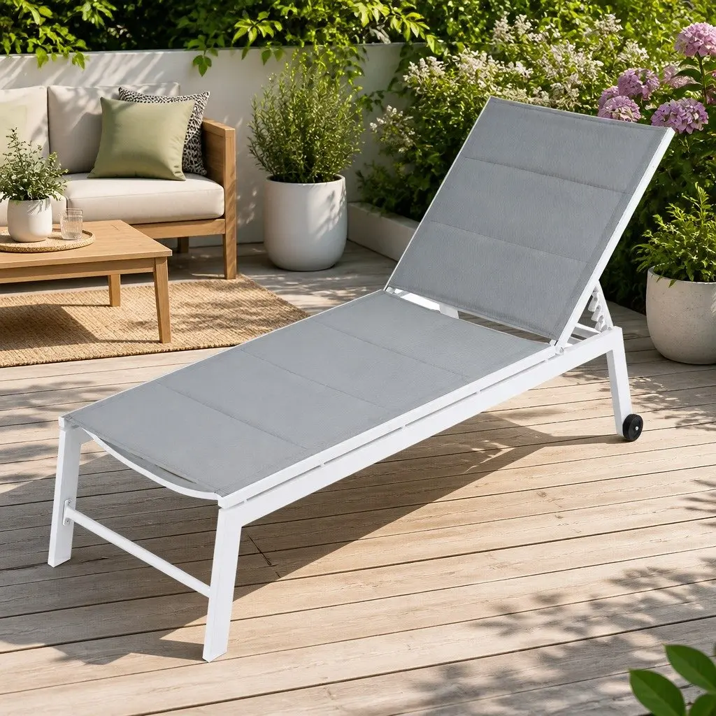 Sun Lounger Aluminium Frame Textilene Fabric Adjustable Backrest White
