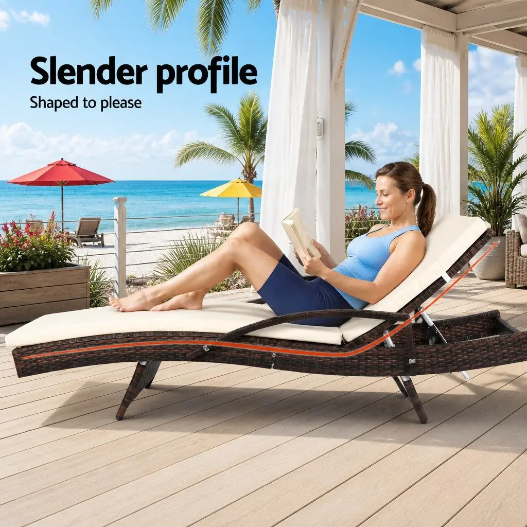 2PC Sun Lounge Chair Outdoor Furniture Aluminium and PE Wicker Adjustable Backrest Brown and Beige 190cm x 70cm x 75cm