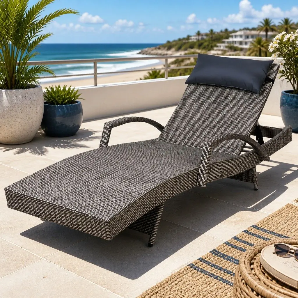 Outdoor Sun Lounge Adjustable Recliner Aluminium PE Wicker Grey Beige